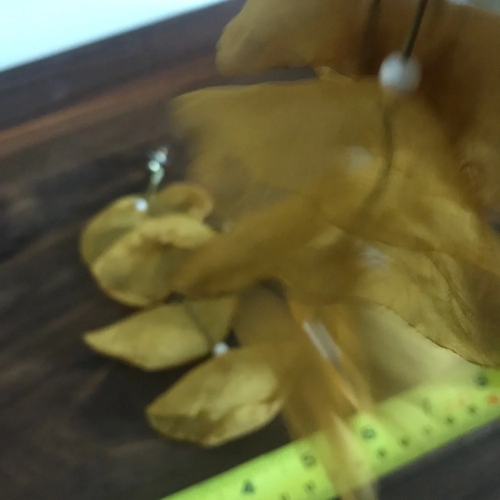 Handmade Organza Petal Pearl Drop Duster Earrings in Mustard Yellow 6.5 inches